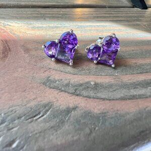 Amethyst Half Moon and Square Heart 14K White Gold Earrings, February Birthstone